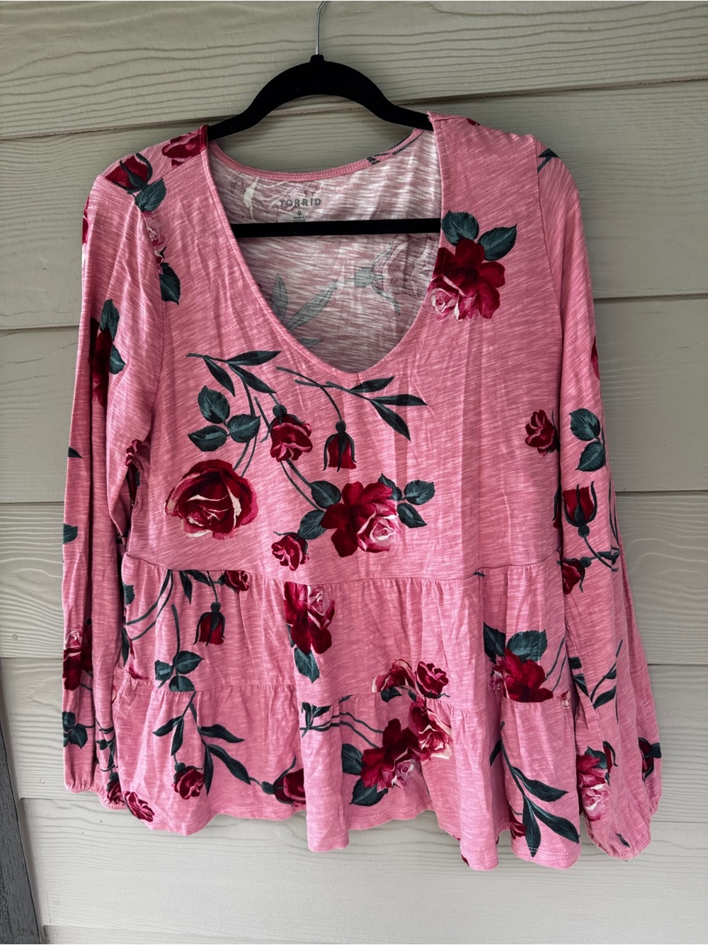 Torrid Top Womens 0 Pink Floral Babydoll V Neck Long Sleeve Peplum